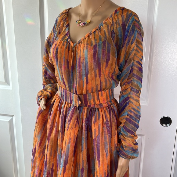 Vtg 60s 70s fabulous watercolor sheer overlay orange purple dress S - Picture 8 of 12